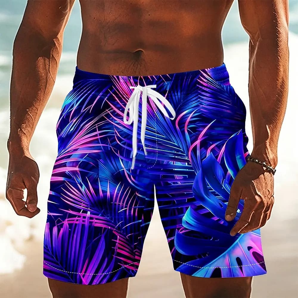 Shorts à cordon de serrage pour hommes, imprimé feuilles tropicales néon, coupe ample décontractée p