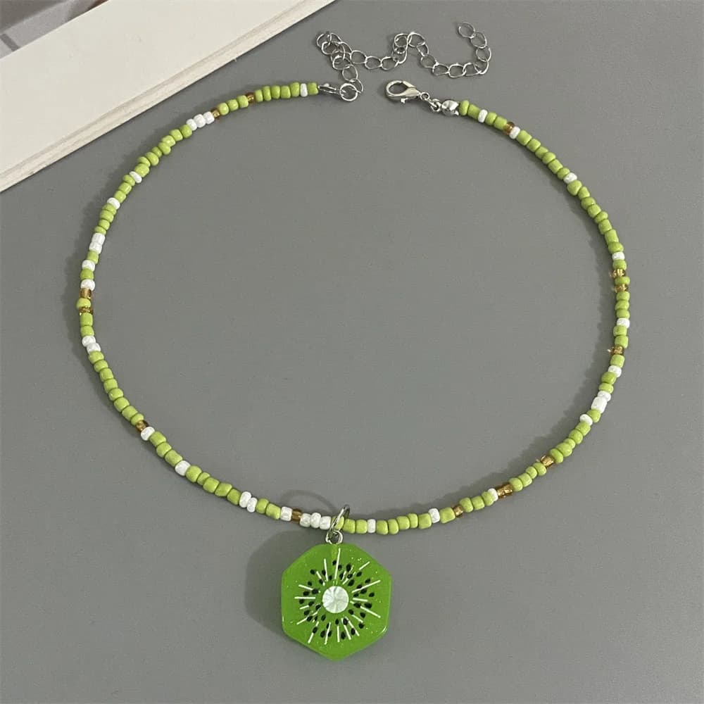 Collier pendentif fruits variés pour femme et fille, fait main, perles de riz, style bohème, melon d
