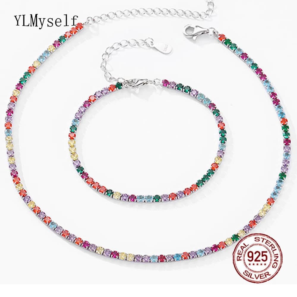 YLMyself 925 argent Sterling 2.5mm arc-en-ciel ensemble de bijoux pour les femmes coloré CZ Tennis c
