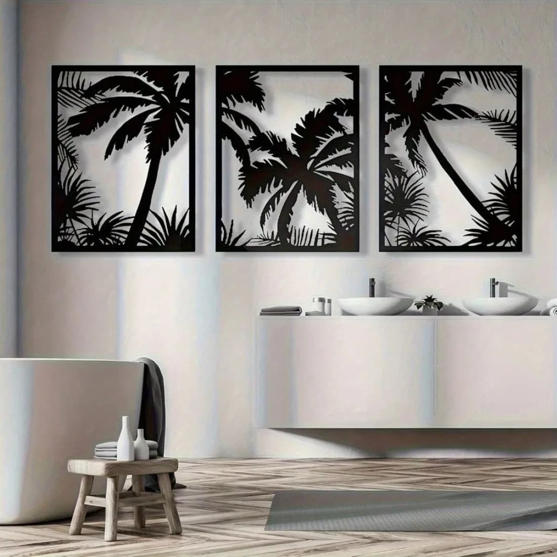 Décor de palmier d'art mural en métal, Silhouette de coucher de soleil géométrique moderne, décor Bo
