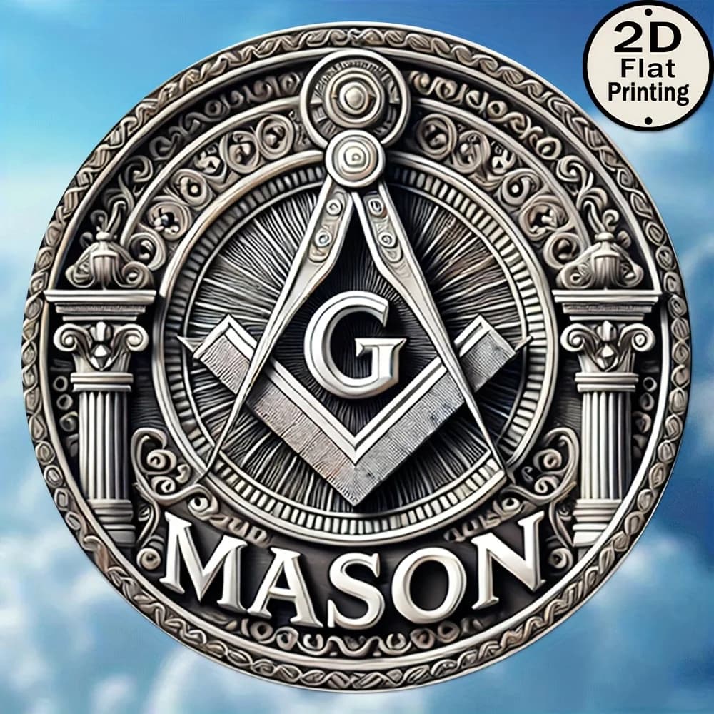 [2D plat] 1 pièce de symbole maçonnique imprimé plat 2D, décor mural rond en aluminium de 8 pouces-A