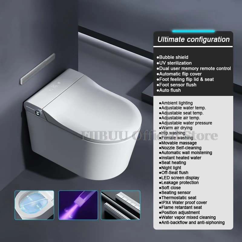 Toilette de bidet intelligente à fixation murale, réservoir dissimulé, veilleuse d'eau chaude, affic