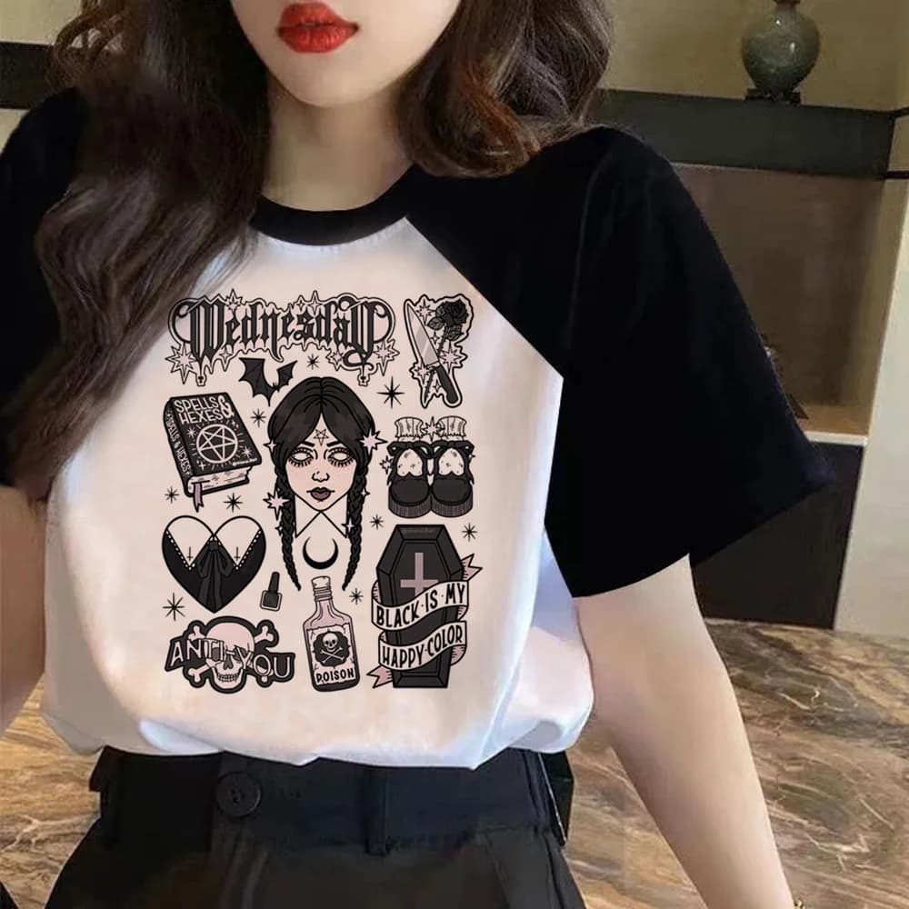 Mercredi Addams T-shirt drôle femmes Kawaii dessin animé Y2k Punk Nevermore Academy T-shirt gothique
