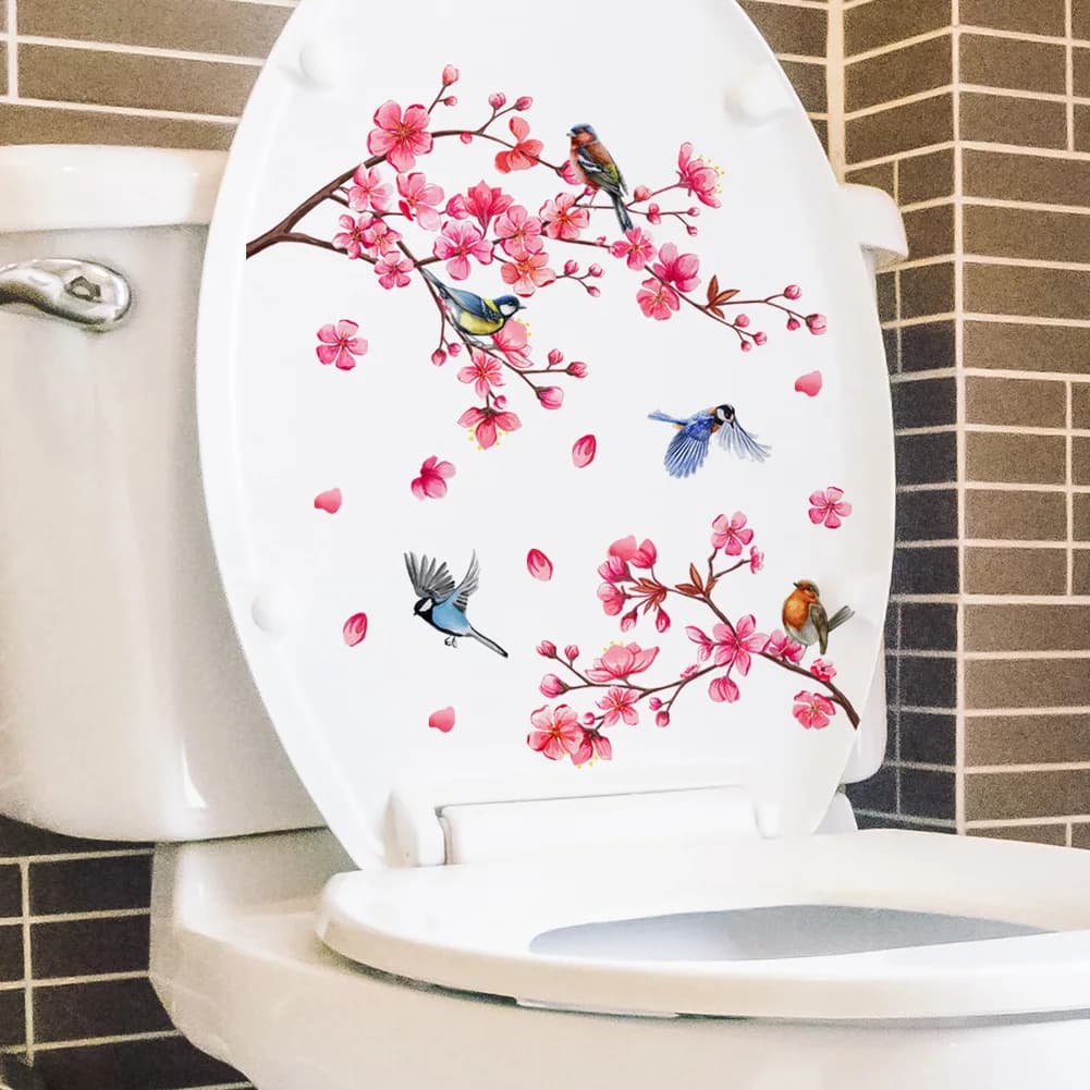 Autocollant mural Fleur de Prunier et Oiseau, Décoration Murale pour Salle de Bain, Toilettes, Chamb