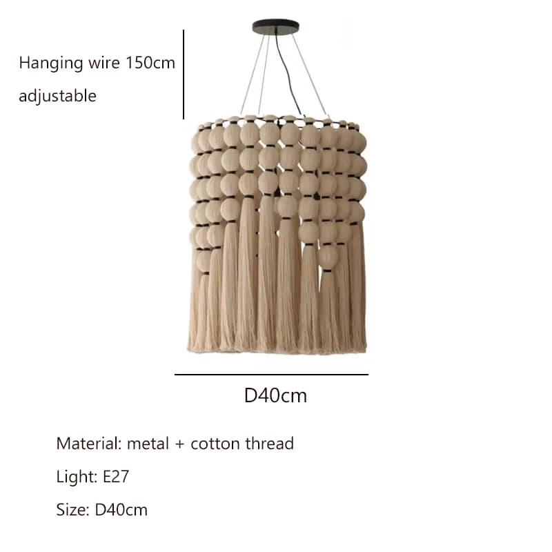 Lampe suspendue pour salon de style français Wabi Sabi, en corde de coton faite à la main, avec pomp