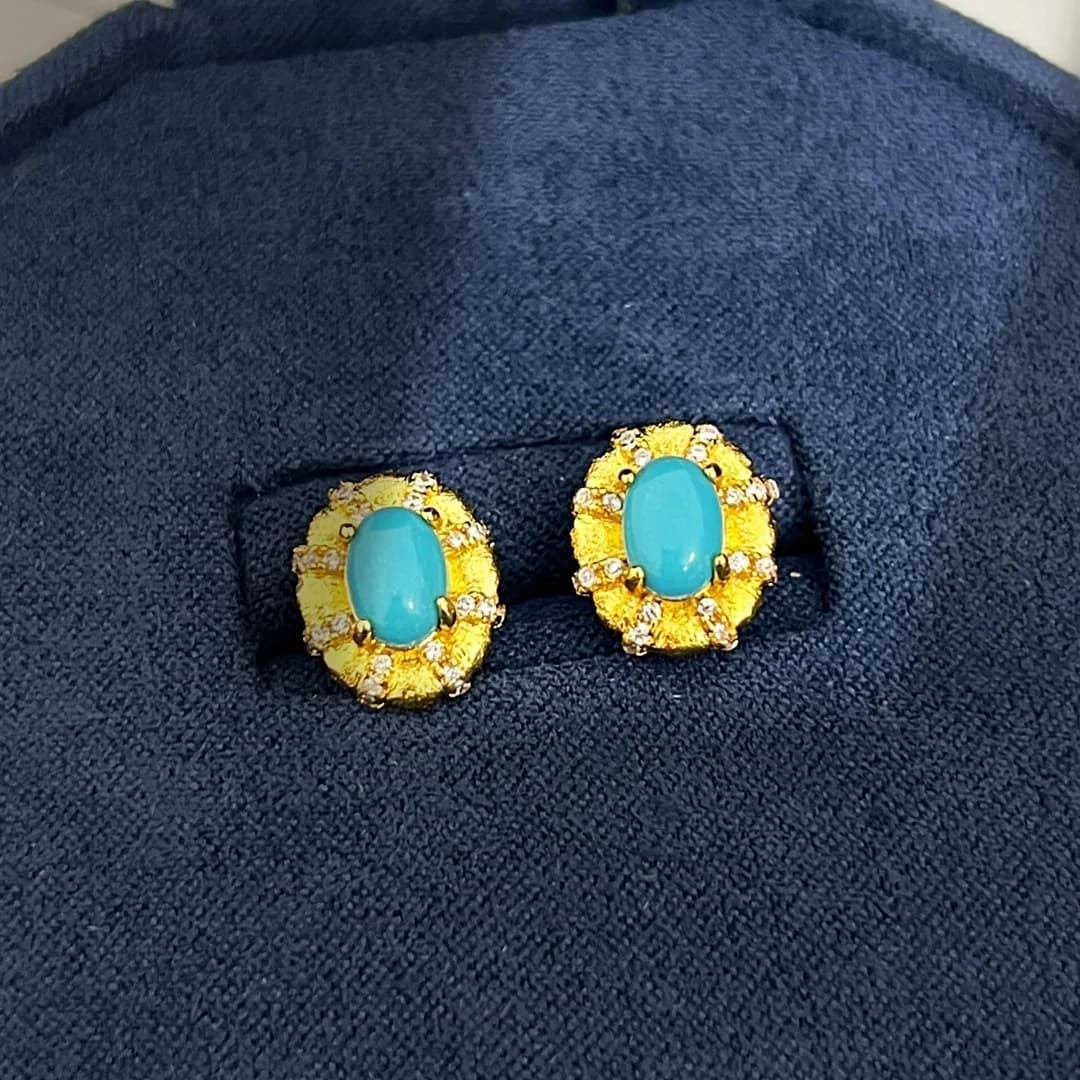 Parure de bijoux italiens de luxe vintage en or jaune et blanc AU750, turquoise ovale, style Rigato 
