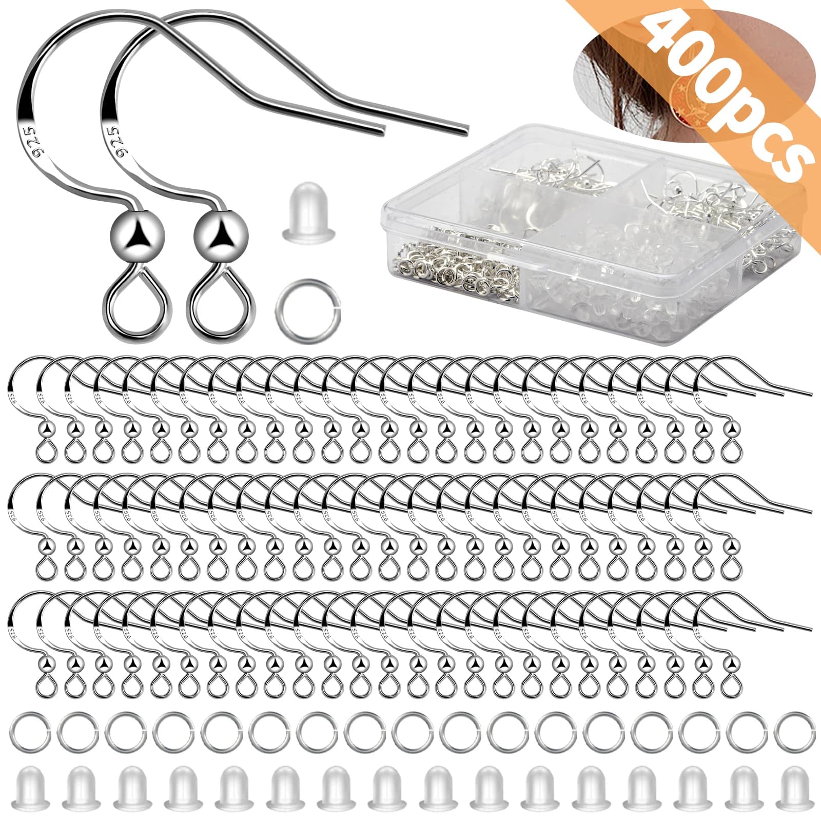 Kit professionnel de composants pour boucles d'oreilles en argent sterling 925 avec crochets, anneau