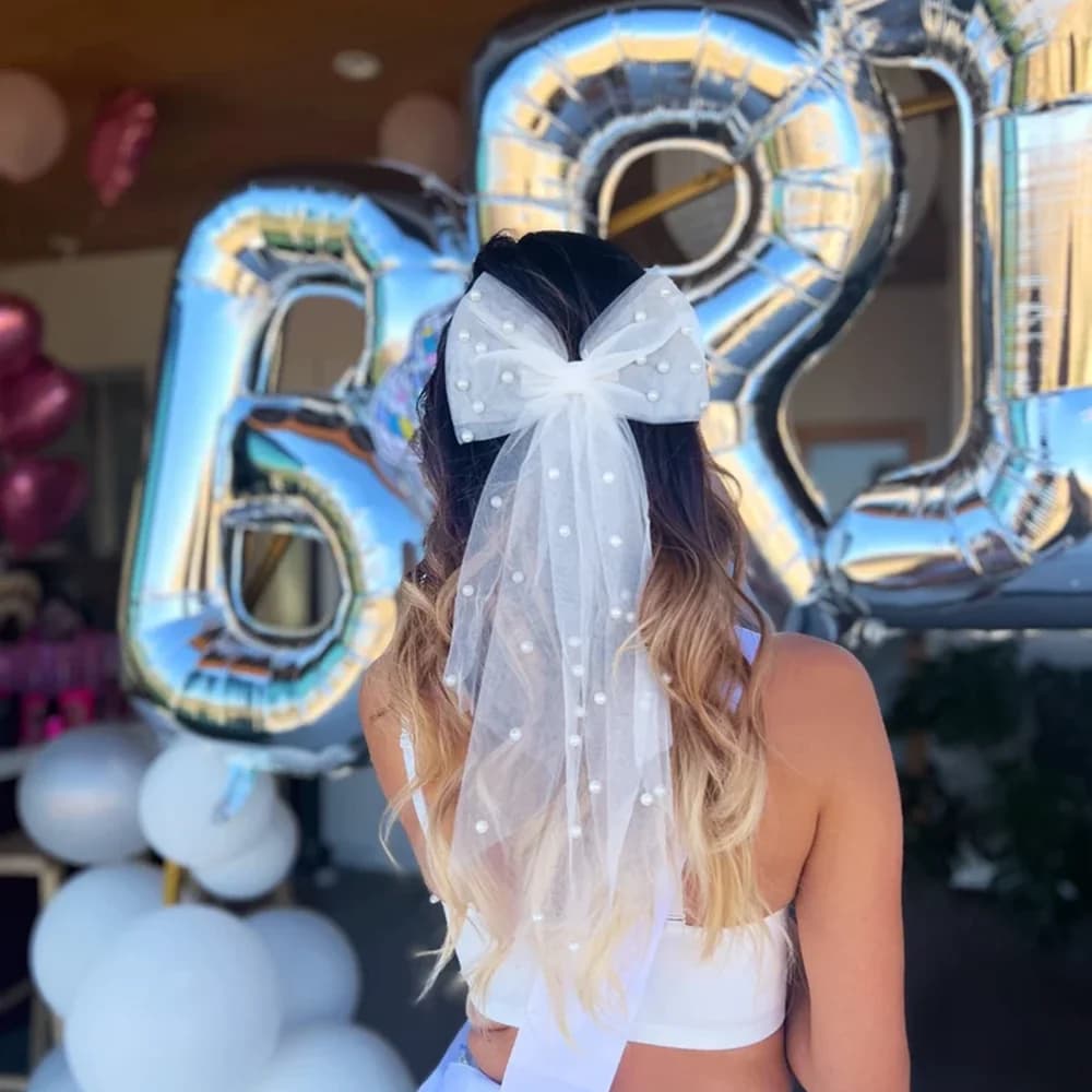 Voile de mariée en perles, voile d'enterrement de vie de jeune fille, nœud pour cheveux, douche nupt