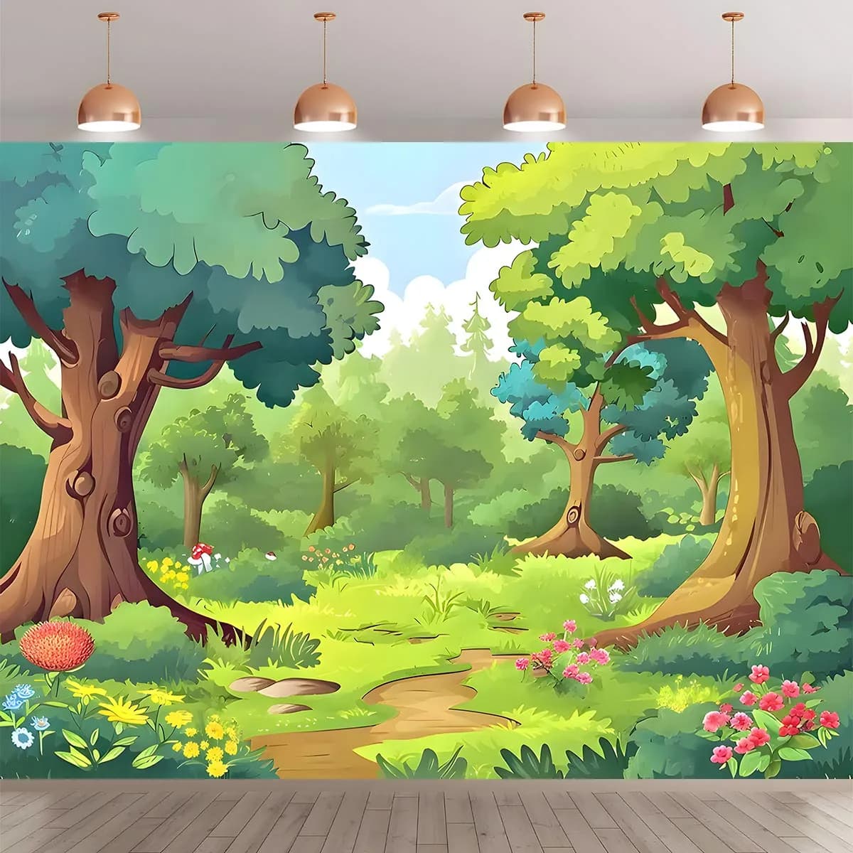 Un bannière de fond de forêt de conte de fées, adaptée à la décoration murale de studio, aux célébra