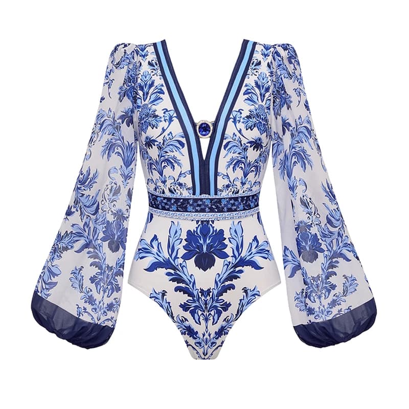 Flaxmaker Vintage imprimé maillot de bain femmes à manches longues fleur couleur bloc imprimé une pi