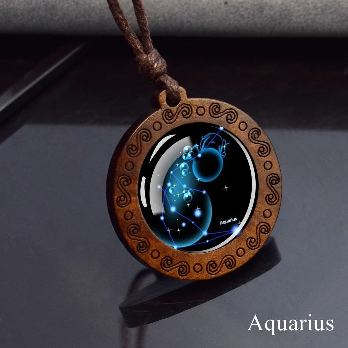 Collier pendentif en bois de verre rond du zodiaque, 12 constellations, ciel étoilé, cadeau d'annive