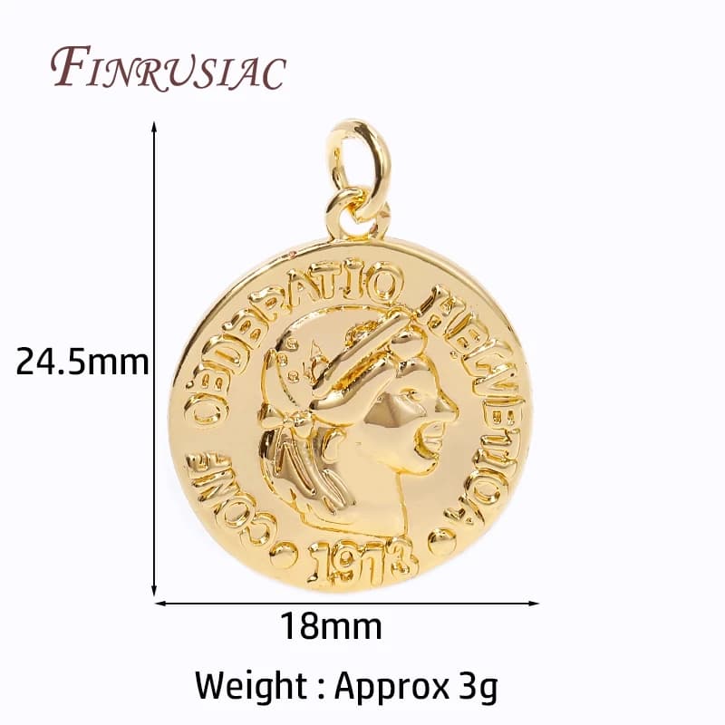 breloque Pendentif reine Elizabeth plaqué or 18 carats, laiton, métal, prairie, Rome, pièce de monna