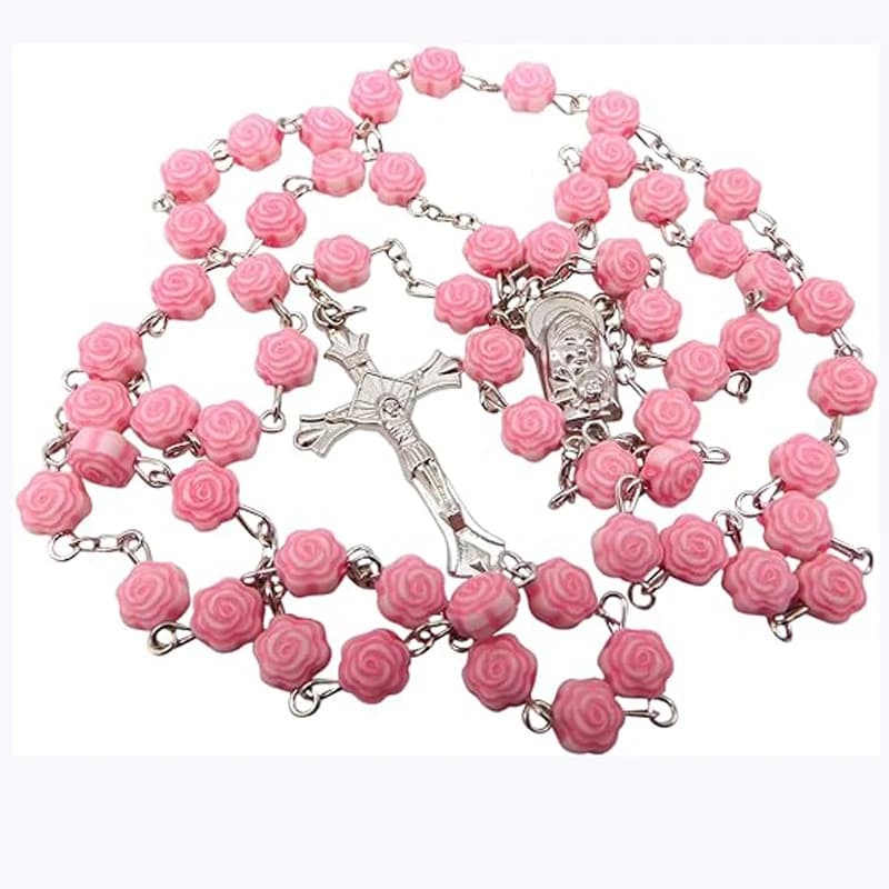 Ensemble chapelet de première communion pour filles, collier pendentif perle en forme de rose rose,