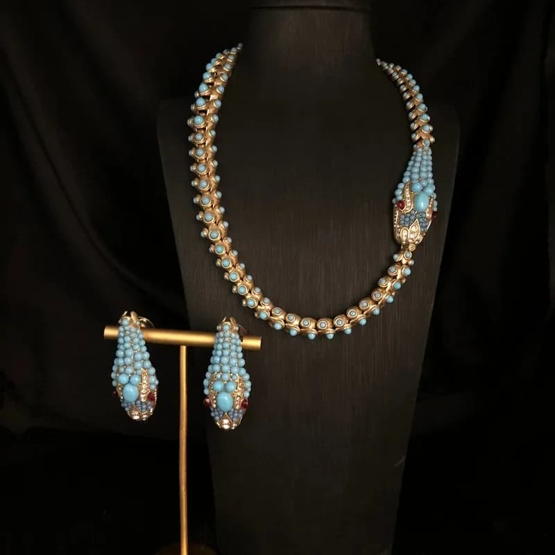 Parure de bijoux serpent en cuivre doré antique, style rétro, avec incrustations de turquoise, trava