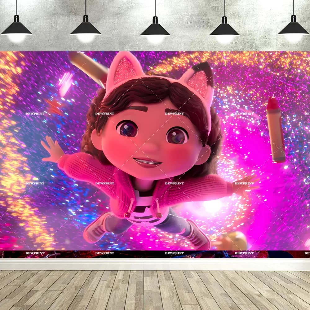 Bannière de fond d'anniversaire Gabby en dessin animé mignon, accessoires de décoration pour fête d'