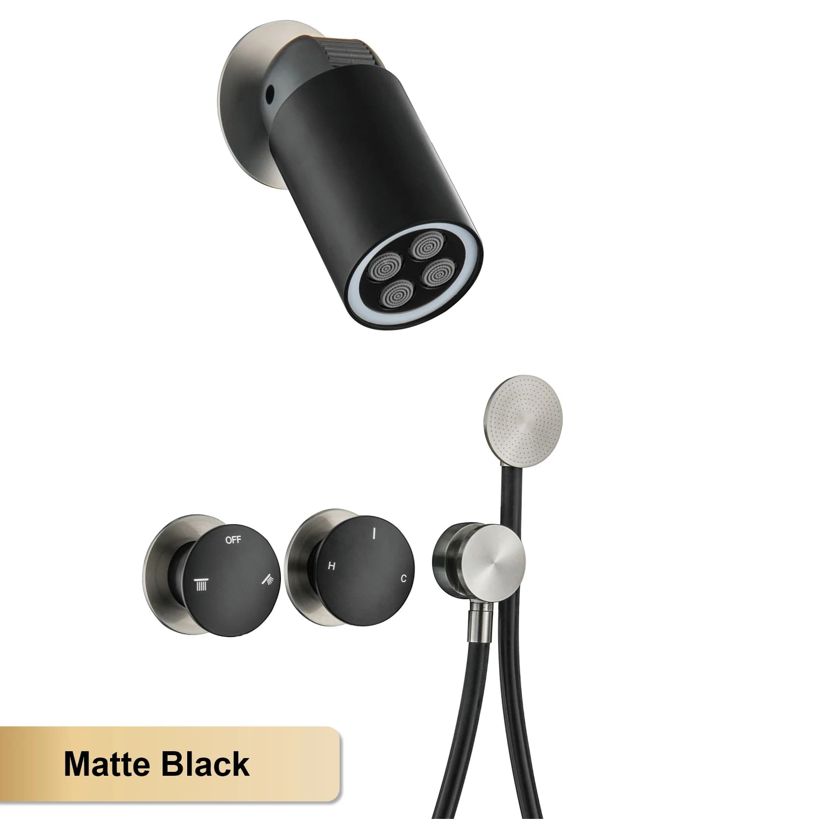 Aitana Système de douche mural minimaliste en laiton noir avec pomme de pluie à lumière LED 2 foncti