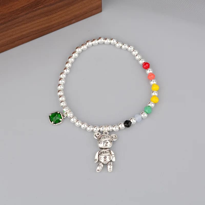 Collier ours en peluche à perles rondes arc-en-ciel, argent regardé 925, pull à la mode, joclavicule
