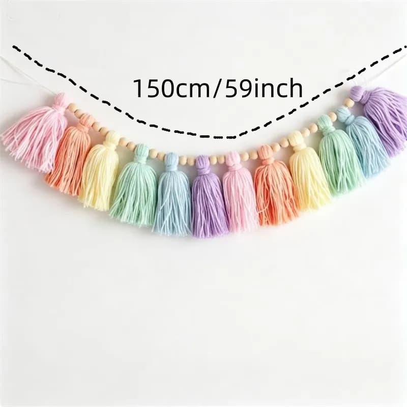 Guirlande de pompons arc-en-ciel colorés style bohème, 1 pièce, avec perles en bois faites à la main