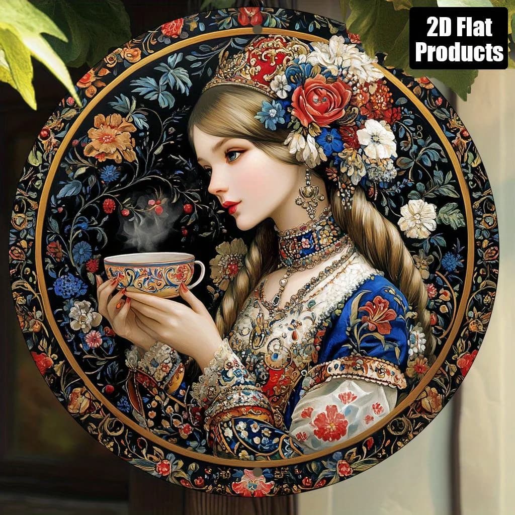 Art mural de fille de costume traditionnel russe-décor rond en métal d'aluminium de 8 "avec design d