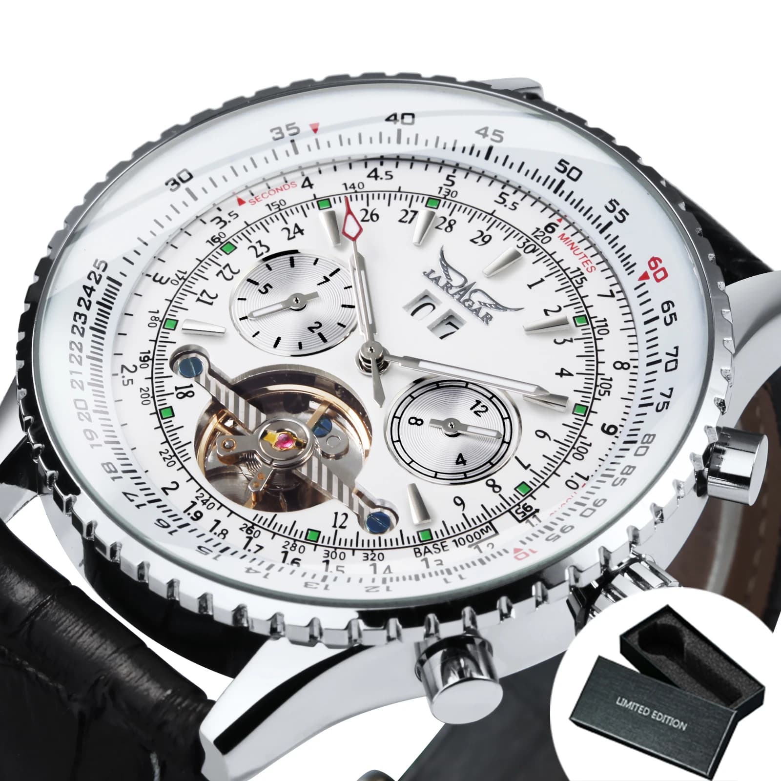 Montre Tourbillon Sportive JARAGAR pour Hommes, Affichage de la Date, Calendrier, Bracelet en Acier