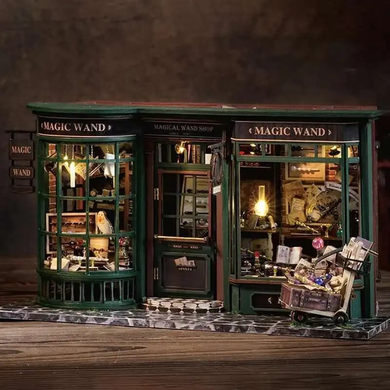 Magasin de baguettes magiques rétro, figurines de maison en bois à faire soi-même, kits miniatures,