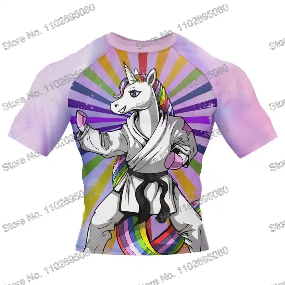 Licorne Vêtements de surf BJJ MMA Hommes Rashguard Manche courte T-Shirt de plongée moulant Maillots