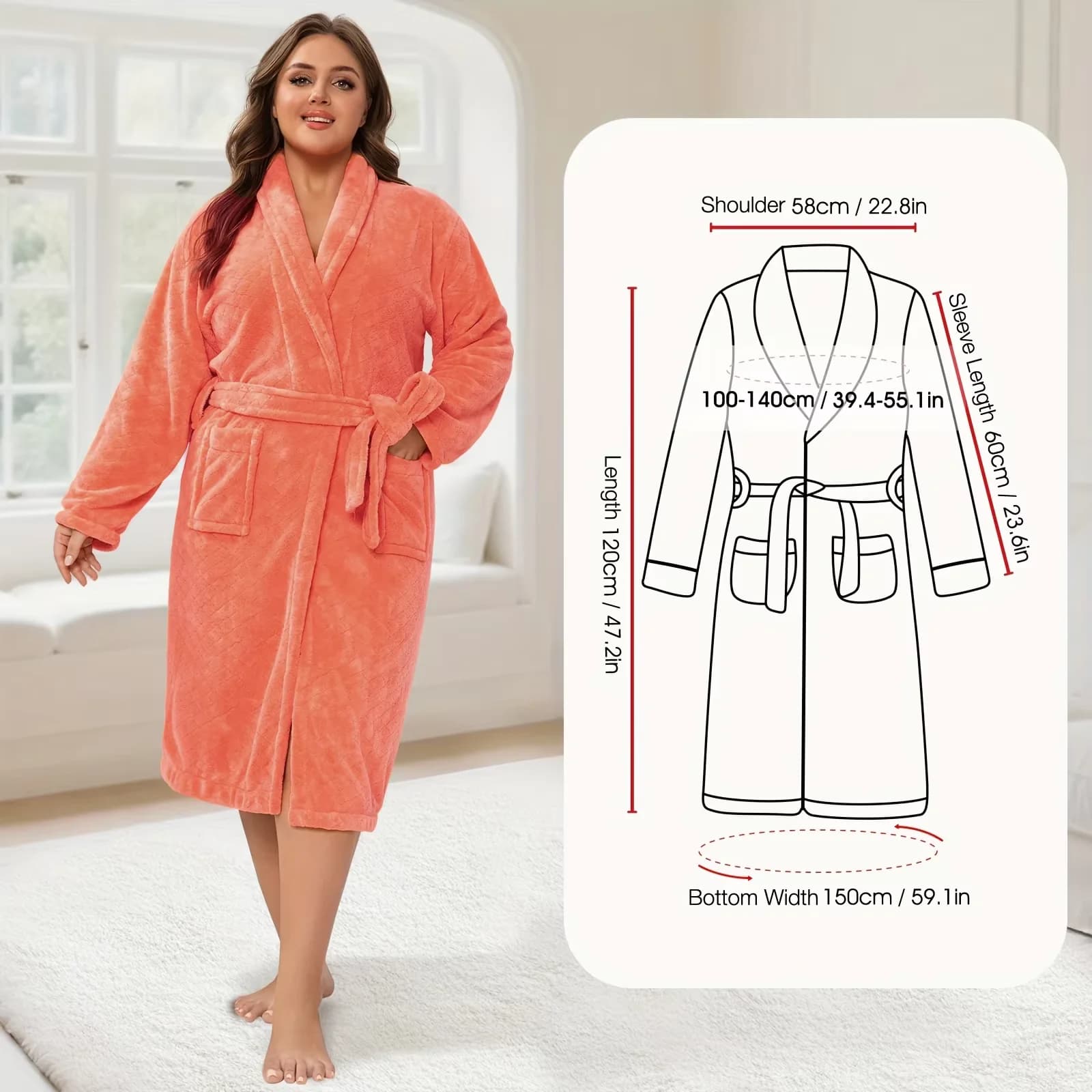 Grande peignoir en polaire corail pour femme – Robe de détente ultra douce et respectueuse de la pea
