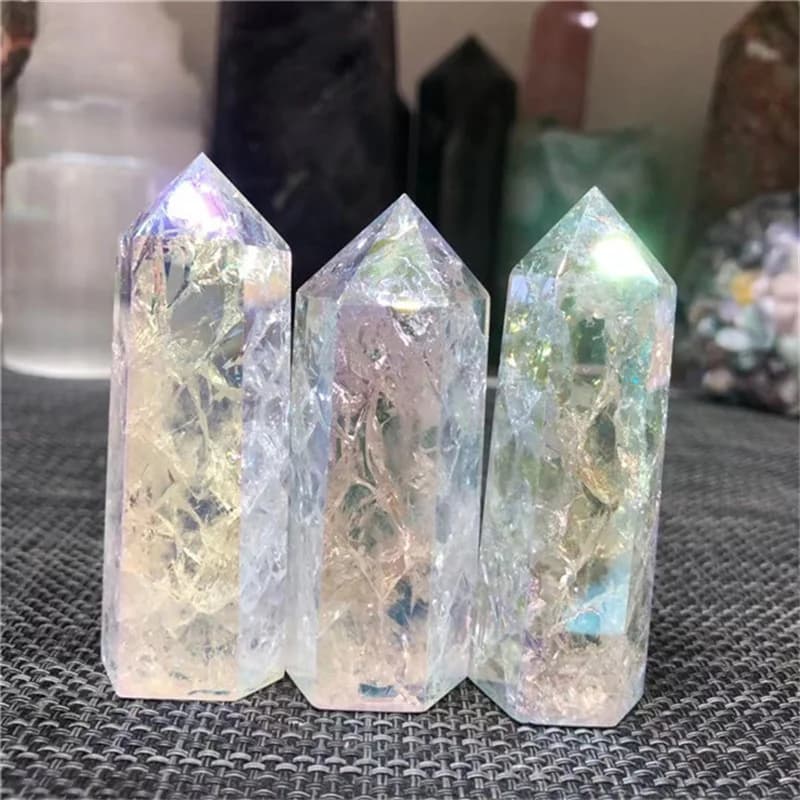 Tour de cristal craquelé naturel Aura, quartz craquelé, cristal de quartz clair, point de baguette d