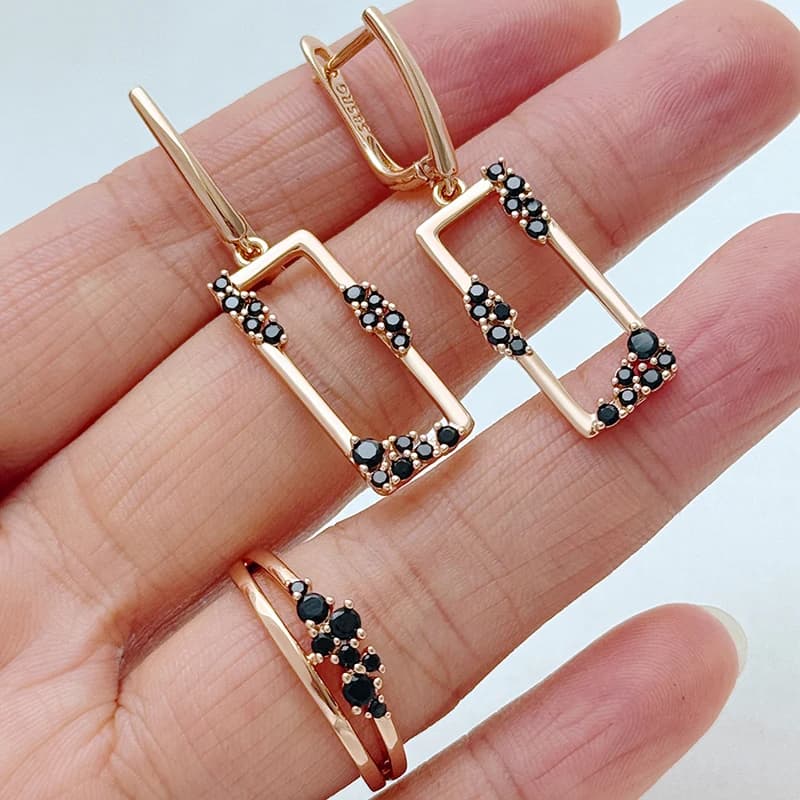 Kinel brillant noir naturel Zircon ensemble de bijoux pour femme mode 585 couleur or Rose bague et b