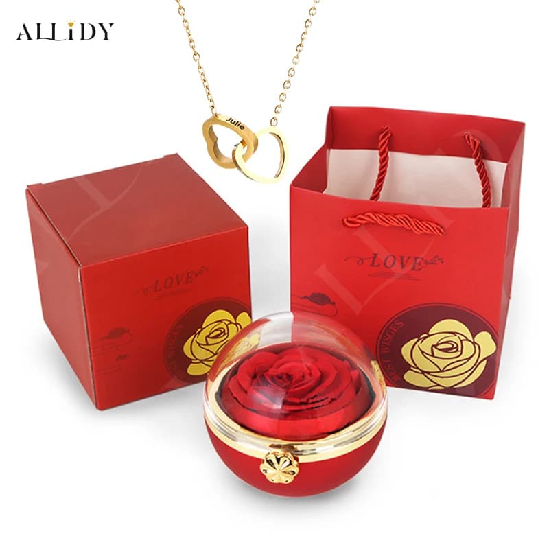 Boîte à bijoux ronde Rose éternelle, collier personnalisé avec nom gravé, pendentif en forme de cœur