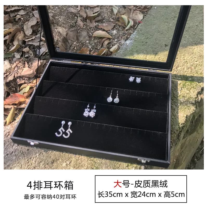 Grande boîte de rangement noire pour bijoux, plateau couvert pour bagues, colliers, boucles d'oreill