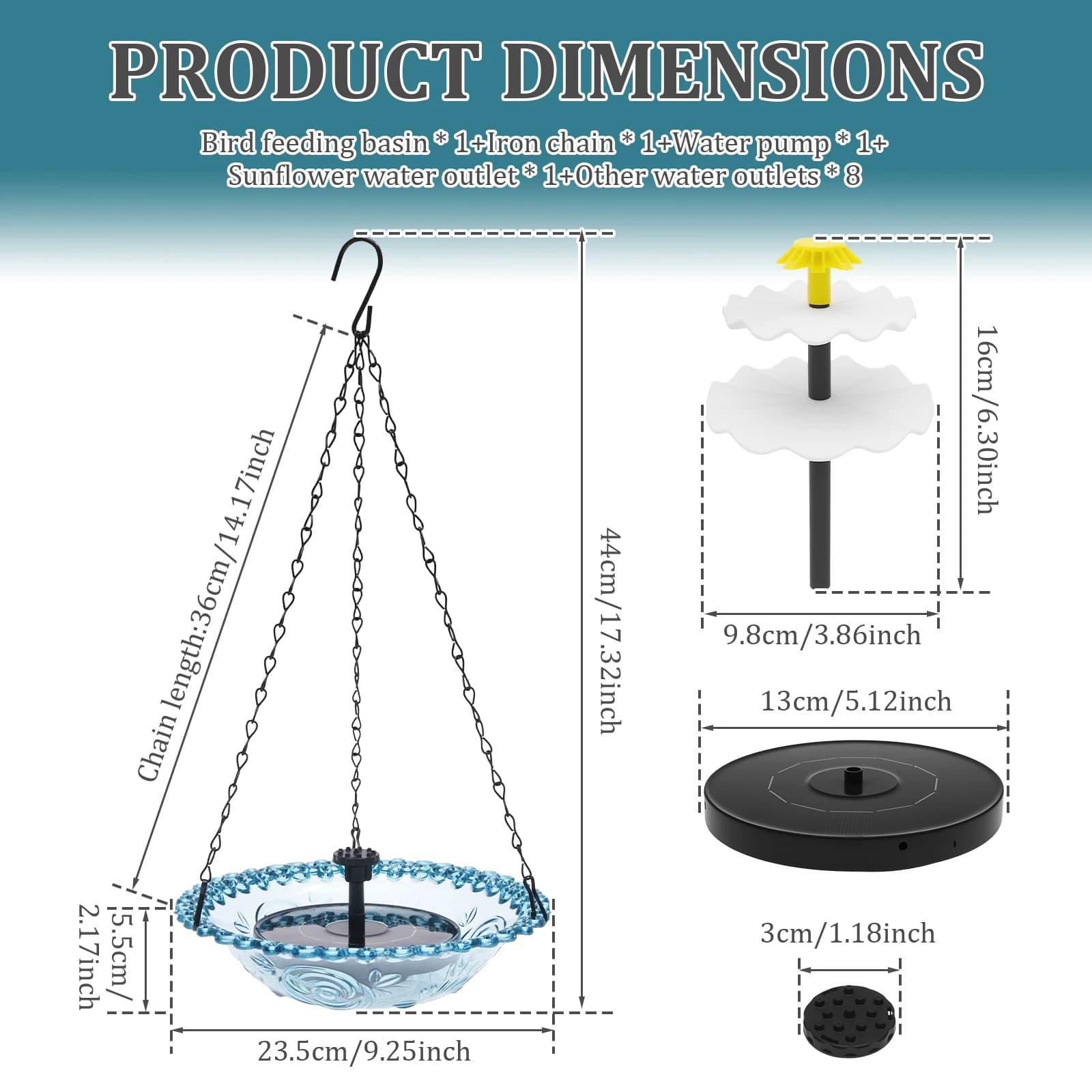 Bain d'oiseaux suspendu pour jardin, mangeoire extérieure avec fontaine solaire, abreuvoir décoratif