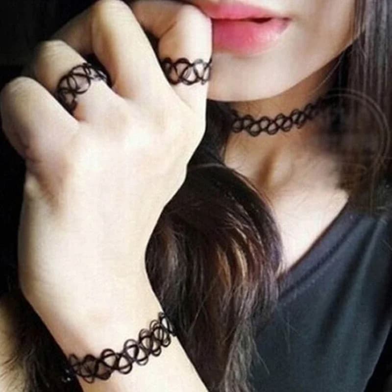 3 pièces tatouages, Bracelet, bague collier, accessoires des années 90 pour femmes, adolescentes enf
