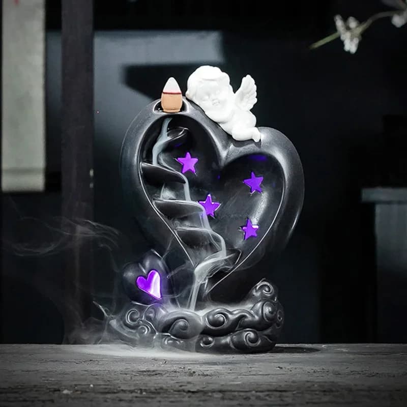 Y Beautiful Angel-Brûleur d'encens à reflux avec lumière LED RVB, cascade de fumée, base d'encens, s