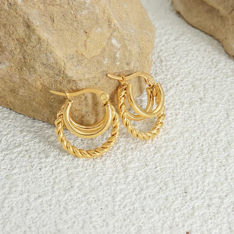 Boucles d'oreilles créoles anti-allergie pour femmes, doubles couches, bijoux torsadés, cadeaux de fête, documents en or, carillon élégant, simple
