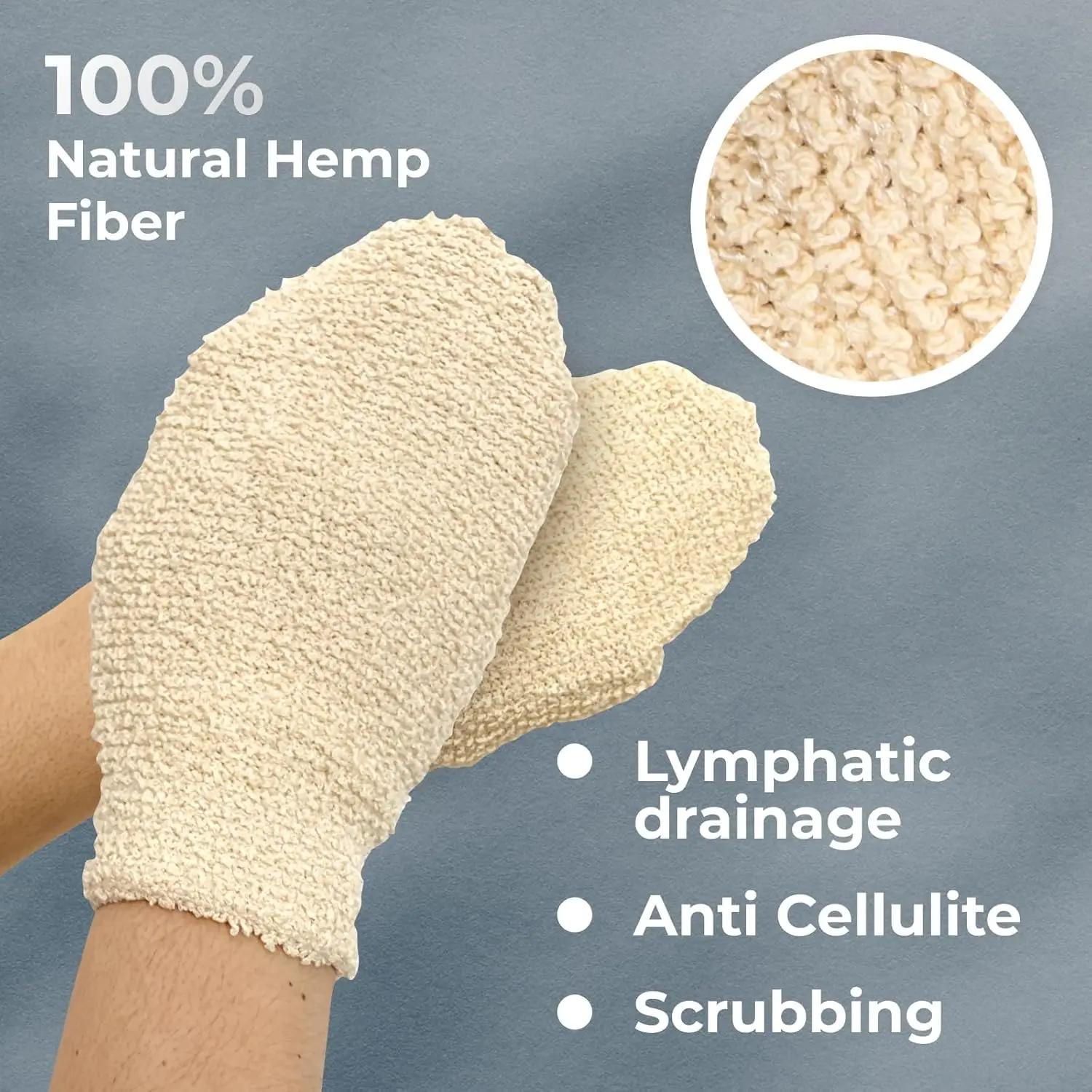 Gants de bain en chanvre – Mitaines de douche naturelles pour gommage corporel, gants exfoliants doux pour hommes et femmes, soins de la peau