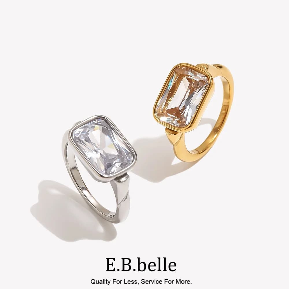 E.B.belle Bague fine créative et élégante en zircon carré, bijou anti-ternissement, incrustation or et argent, plaqué or