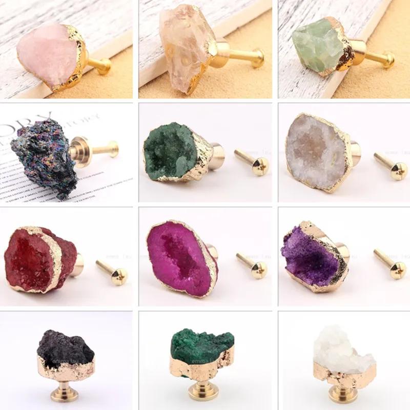 Poignée de meuble en pierre brute naturelle, boutons de porte en laiton cristal, poignées à trou unique pour armoire de cuisine, placard, tiroir