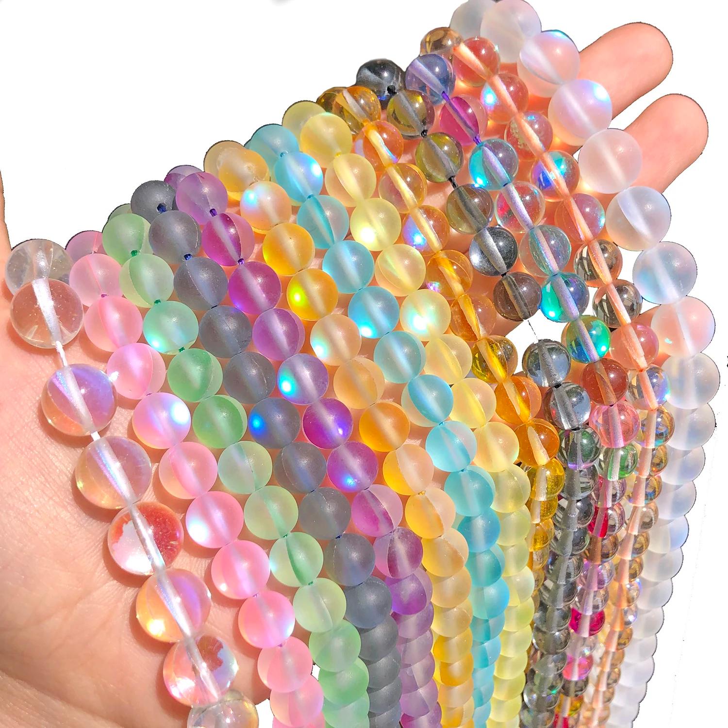 Perles en verre cristal mat, pierre de lune givrée, scintillantes, rondes, pour la fabrication de bijoux, collier, bracelet, 15''