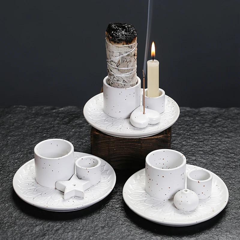 Porte-brûleur d'encens en céramique multifonctionnel 4 en 1, 1 pièce, pour bâtonnets de sauge Palo Santo, bougies et cristaux, idéal pour noël