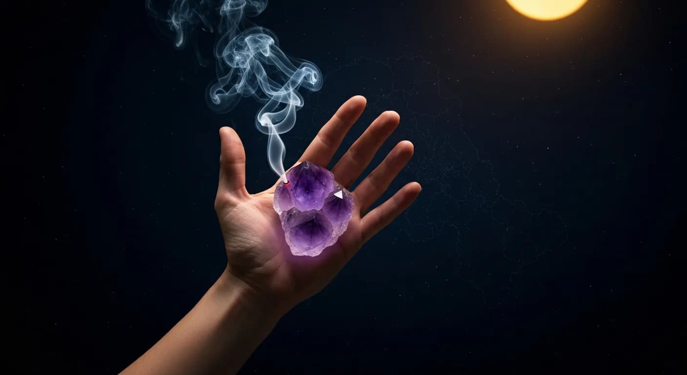 Une main qui tient un cristal d'améthyste éclairé d'une lueur intérieure, entouré de fumée d'encens