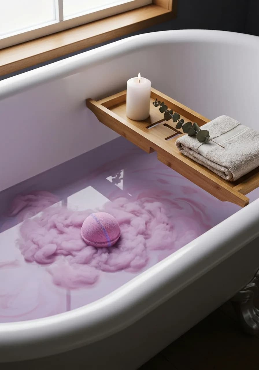 Bombe de bain qui se dissout dans une eau chaude en libérant des volutes rose et violet, à côté d'une bougie blanche et d'un linge écru
