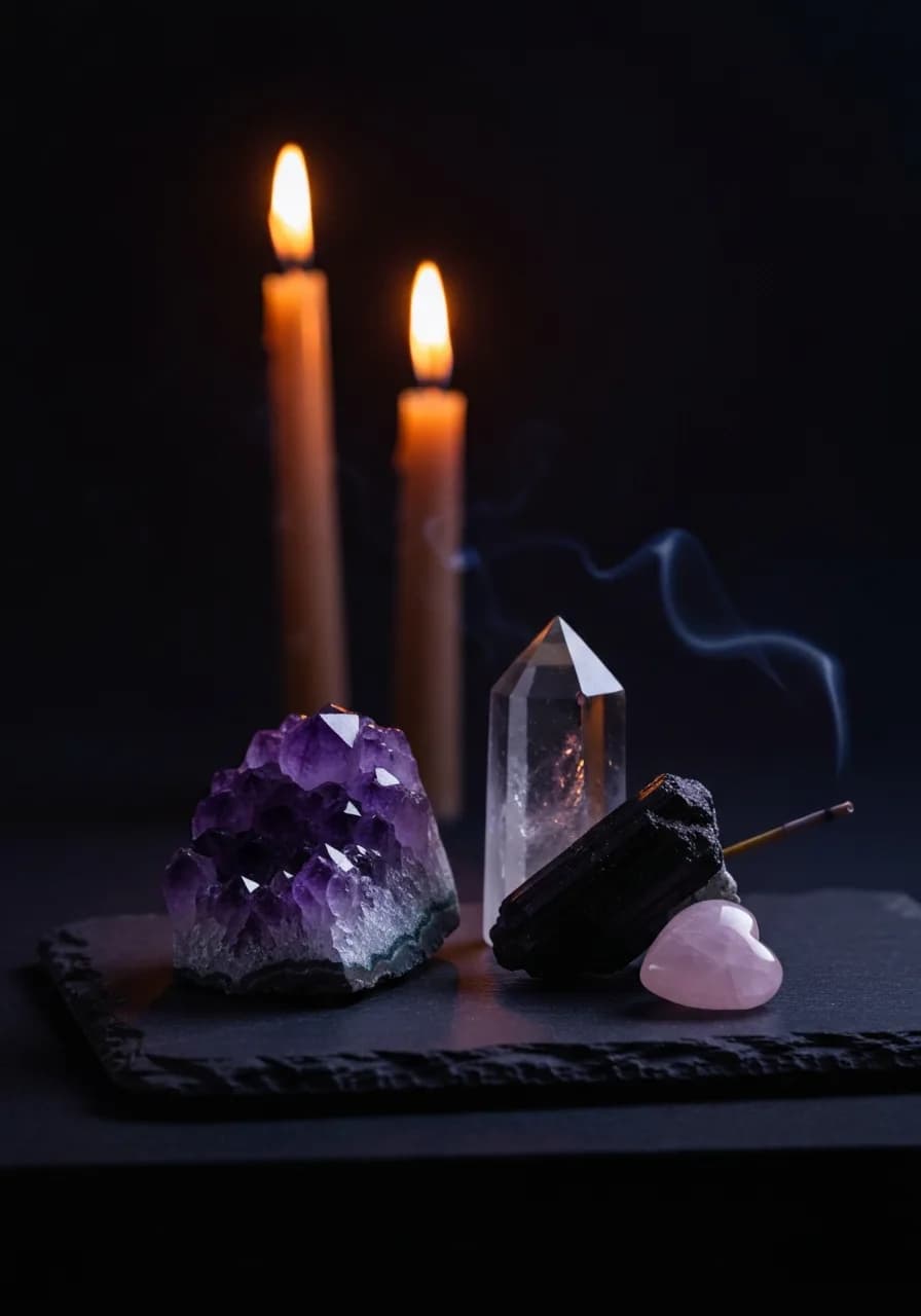 Groupe de cristaux bruts — améthyste, quartz, tourmaline noire — sur ardoise noire éclairée par deux bougies en arrière-plan