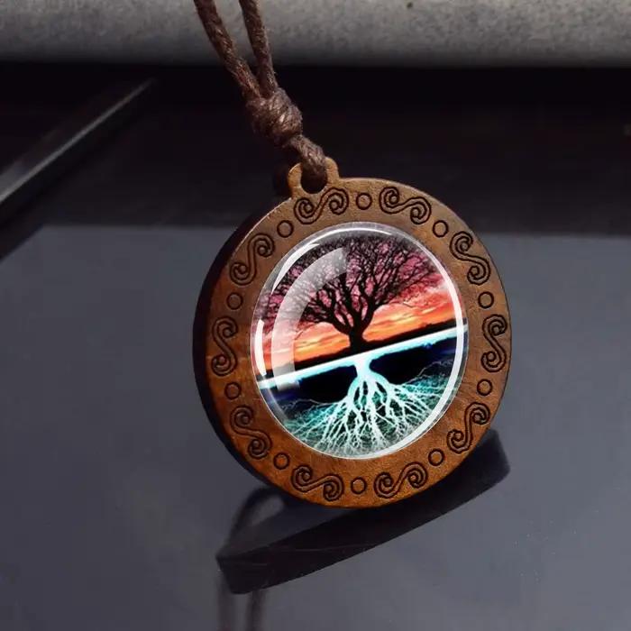 Collier Cabochon en verre arbre de vie, collier en bois, chaîne en corde Vintage, pendentif pour fem