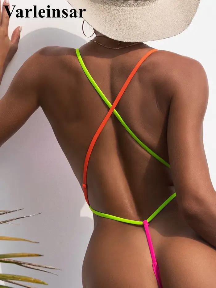Maillot de bain une pièce sexy pour femme, dos nu, dos croisé, string extrême, mini micro, V4182