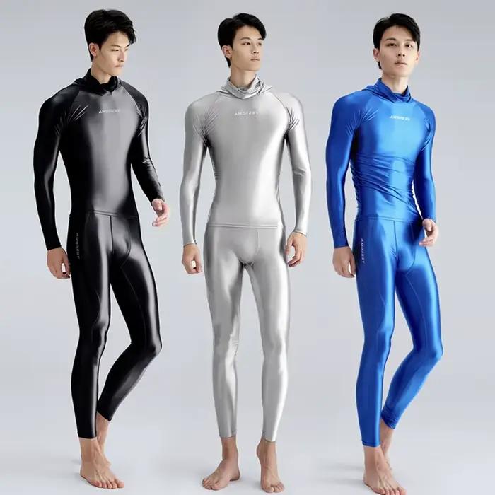 Maillot de bain sexy en soie pour hommes, lisse et brillant, pantalon serré, surf, séchage rapide, manches longues, haut à capuche, fitness, combinaisons respirantes