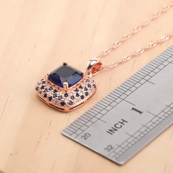 Ensemble de bijoux de mariée en argent 925, couleur or Rose, Zircon bleu pour femmes, boucles d'oreilles, bagues, pendentif, ensemble de collier de mariage