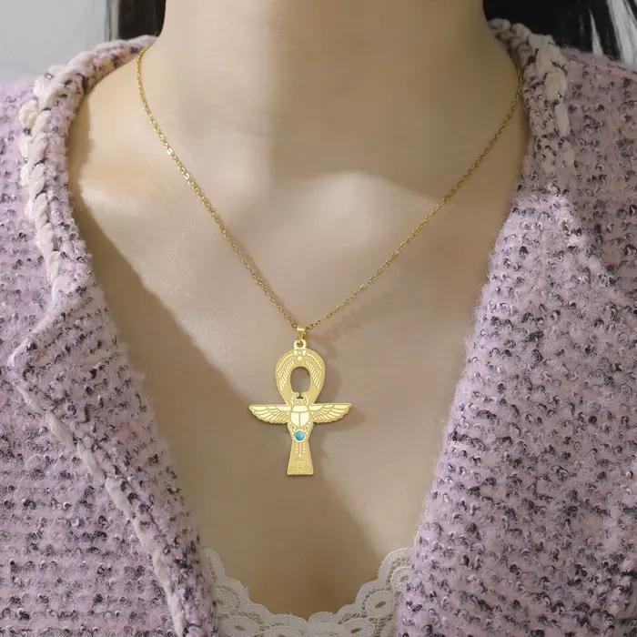 Kkjoy Collier Scarabée Croix Ankh Égyptienne Ancienne en Acier Inoxydable avec Incrustation de Turquoise