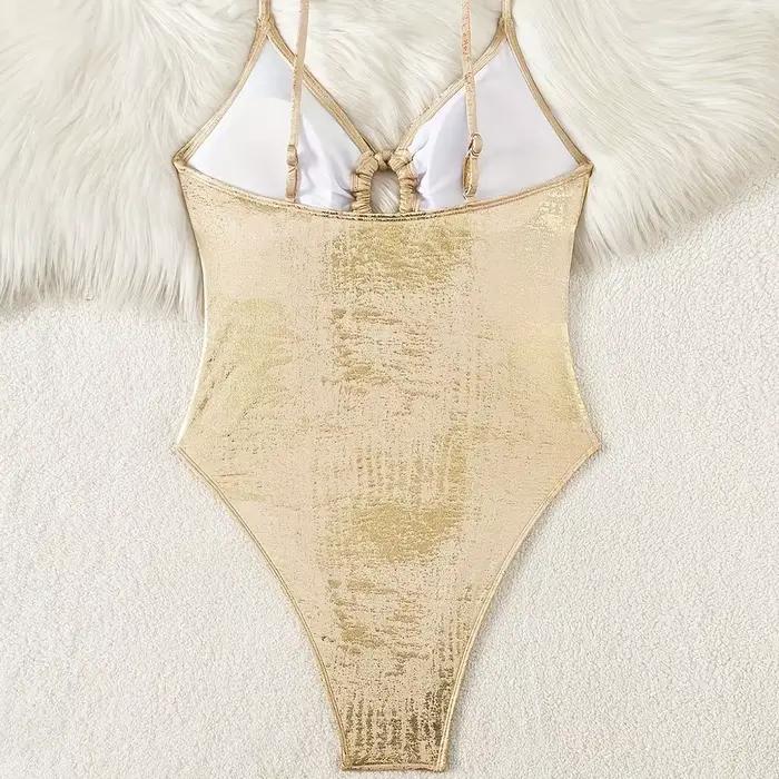 Maillot de bain sexy pour femme, une pièce, tendance, brillant, col en V, à lacets, confortable, pour la plage et les sources chaudes, avec découpes