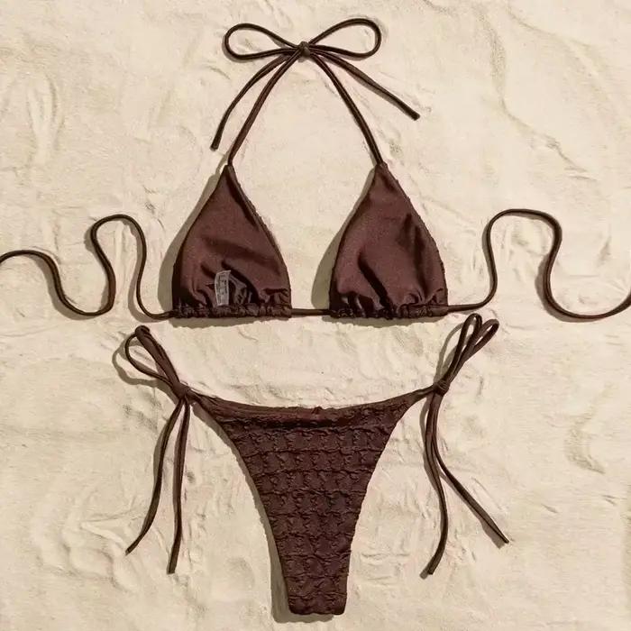 Femmes solide marron Micro Bikini ensemble String licou Triangle String Sexy froissé maillot de bain maillot de bain Mujer Biquine Brasileiro
